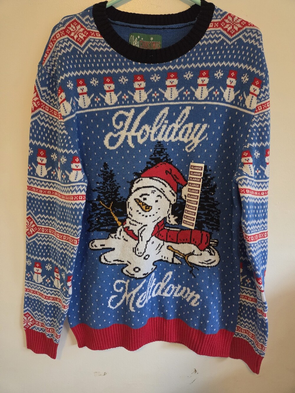 Ugly Christmas Sweater Blue & Red Holiday Meltdown Snowman Knit Sweater